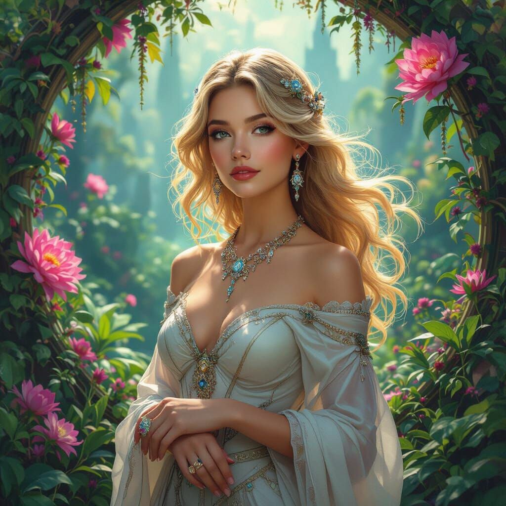 Ethereal Woman in Futuristic Garden Art Nouveau Style