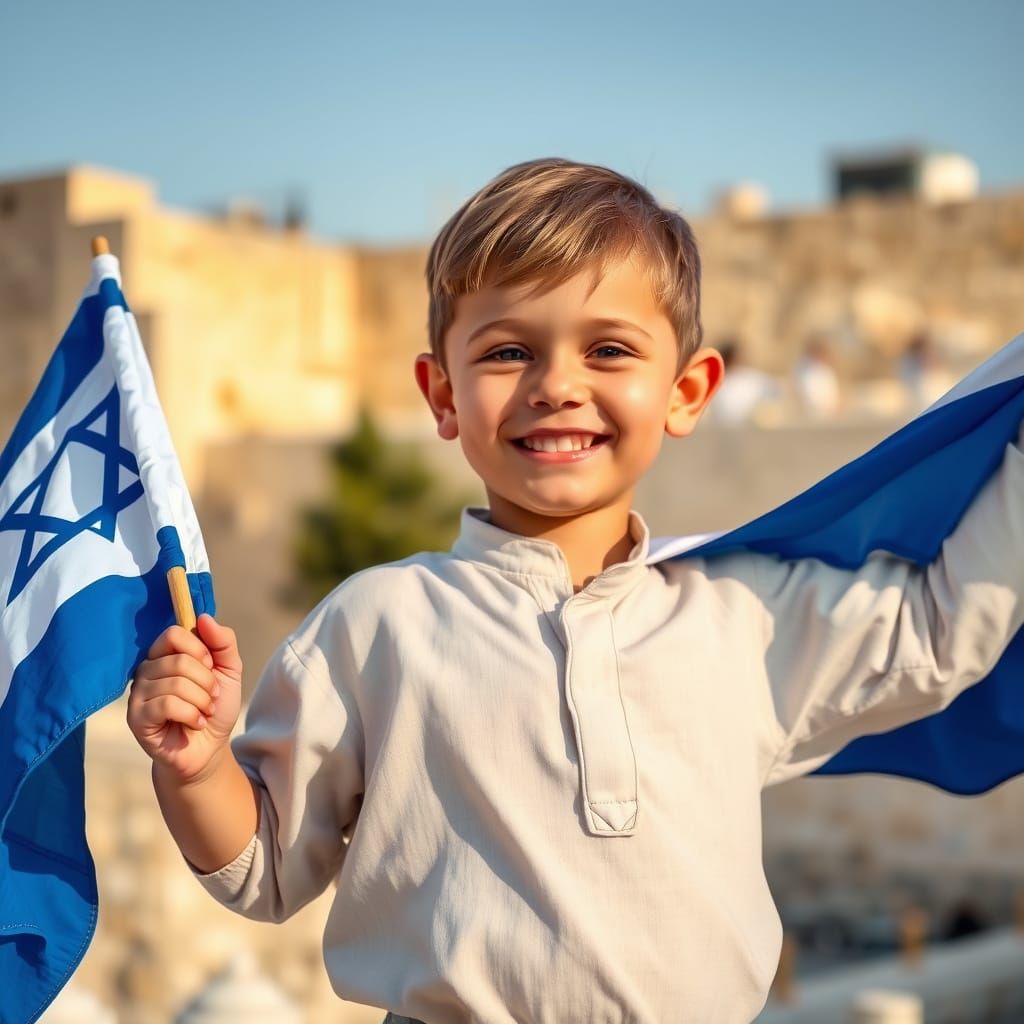 Child in Traditional Israeli Attire Holds Vibrant Flag