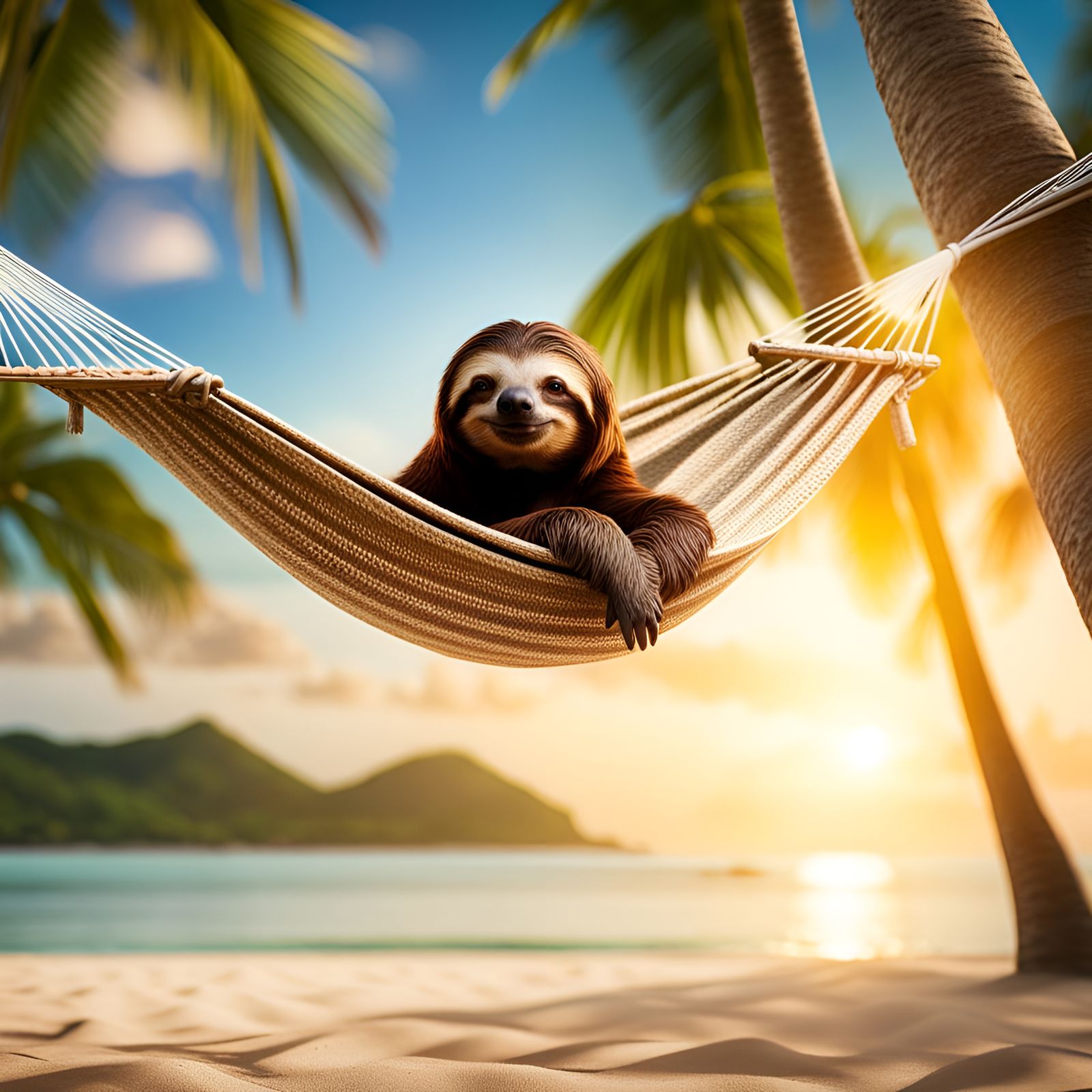 Sloth in Hammock on Sunny Beach in 3D
