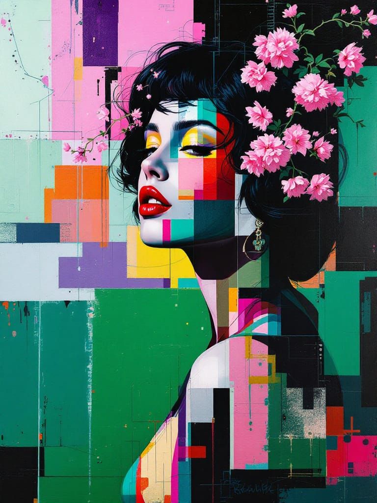 Neo-Expressionist Pin-Up Figure Amidst Abstract Garden