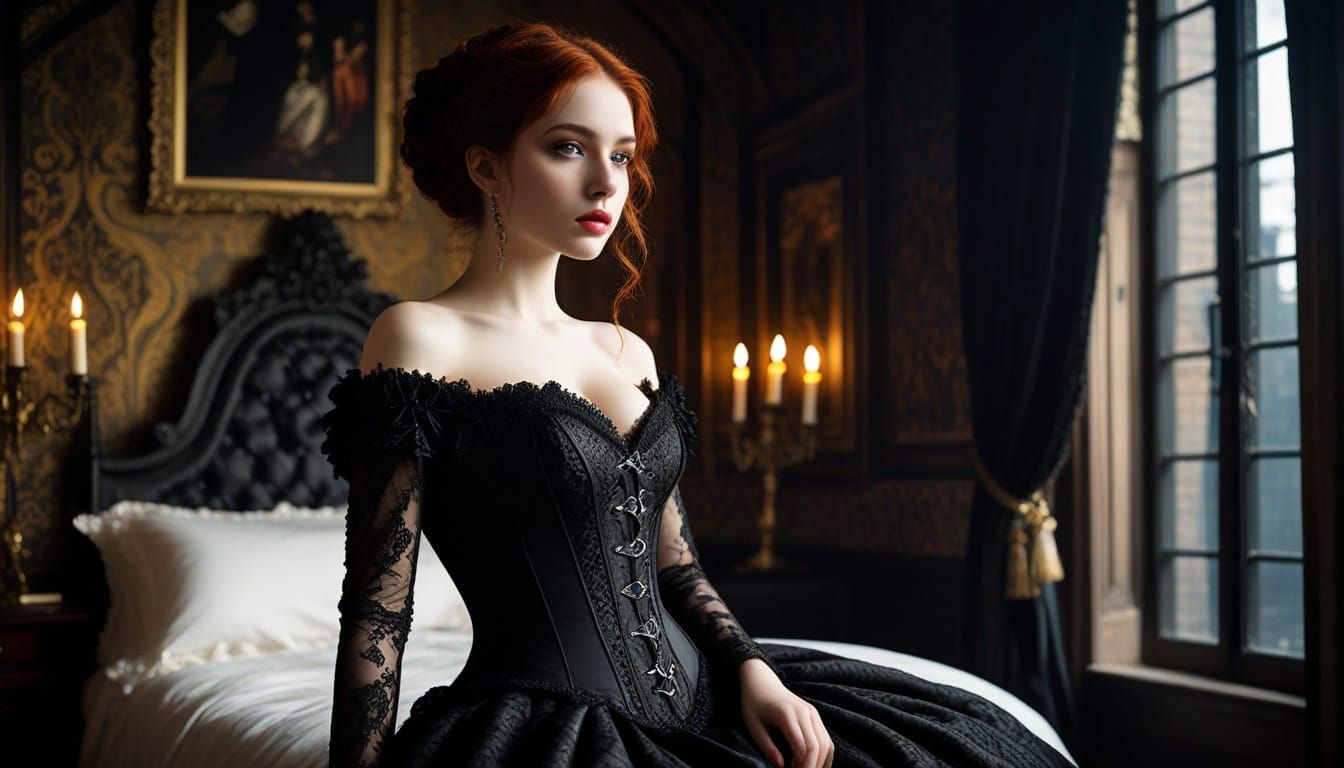 Gothic Fashion Model in Baroque Bordello, Chiaroscuro Lighti...