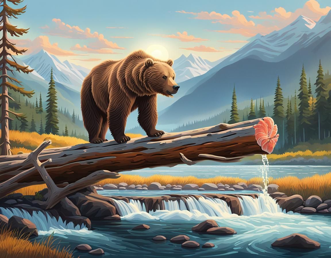 Grizzly Bear Fishing in a Mountain River