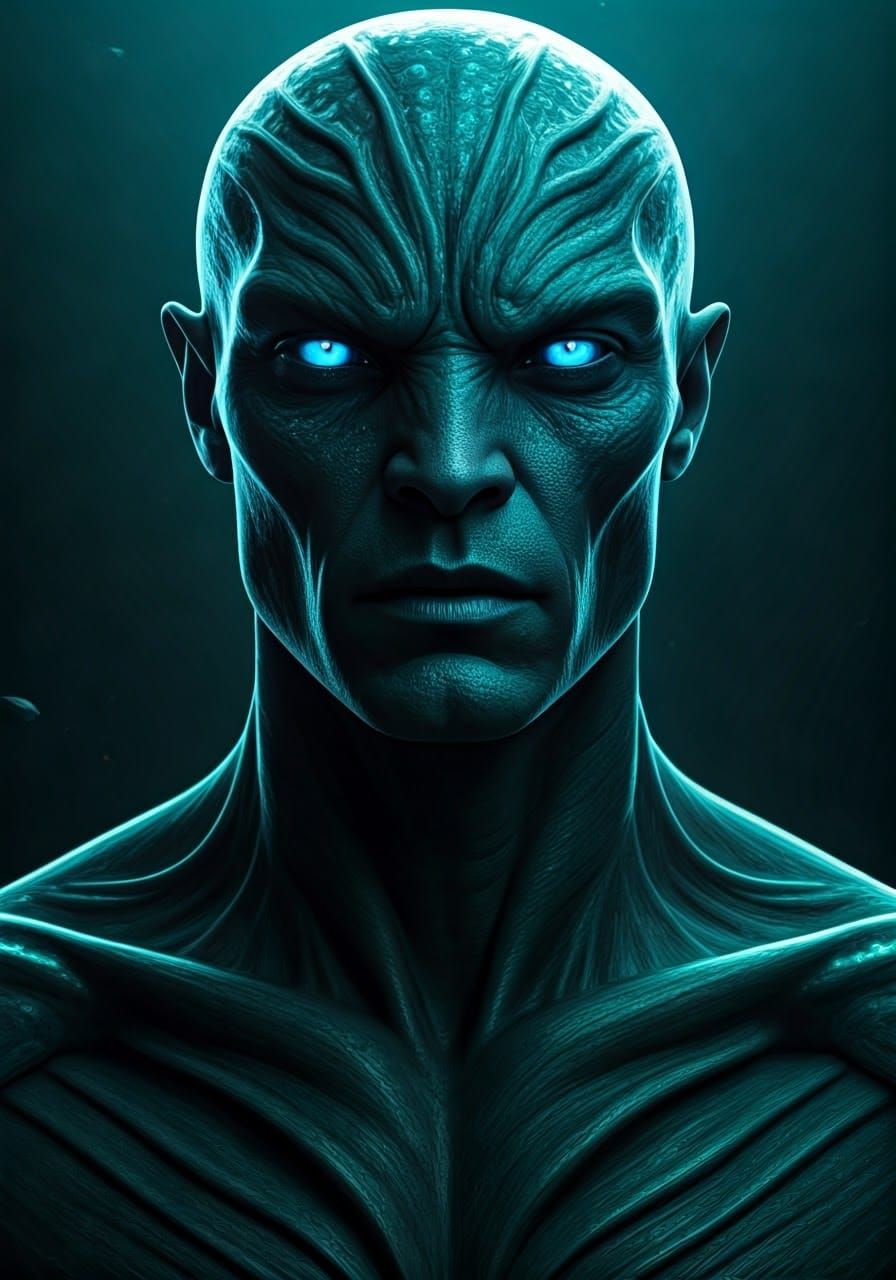 Bioluminescent Alien Portrait in Underwater Scene