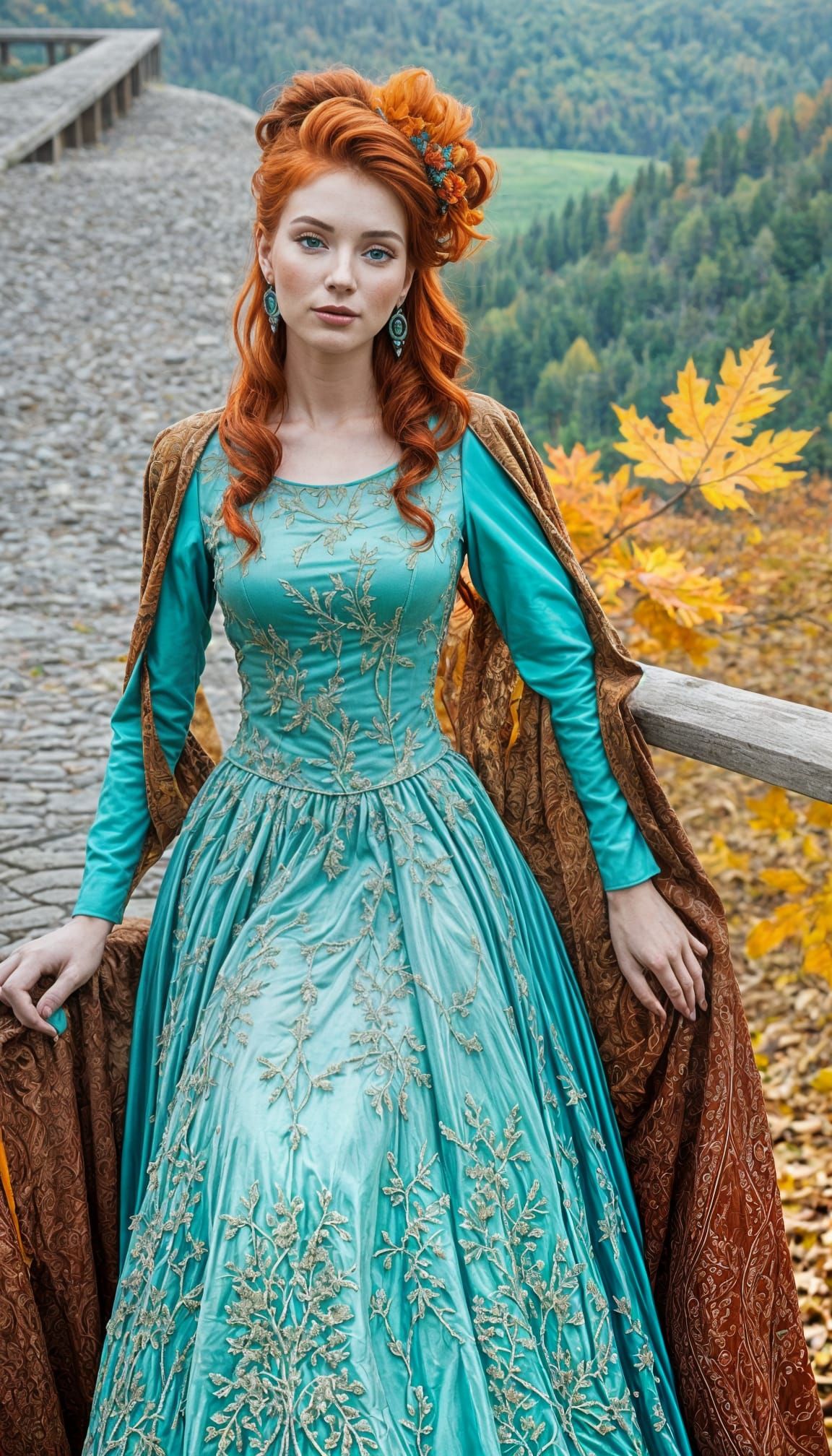 Beautiful Redhead in Turquoise Gown, Autumnal Scene