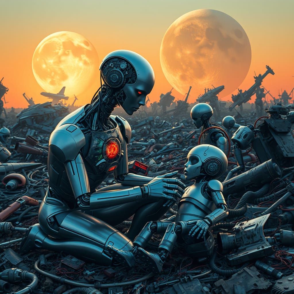 Android Monarch Among Cyberpunk Ruins in a Desolate Post-Apo...