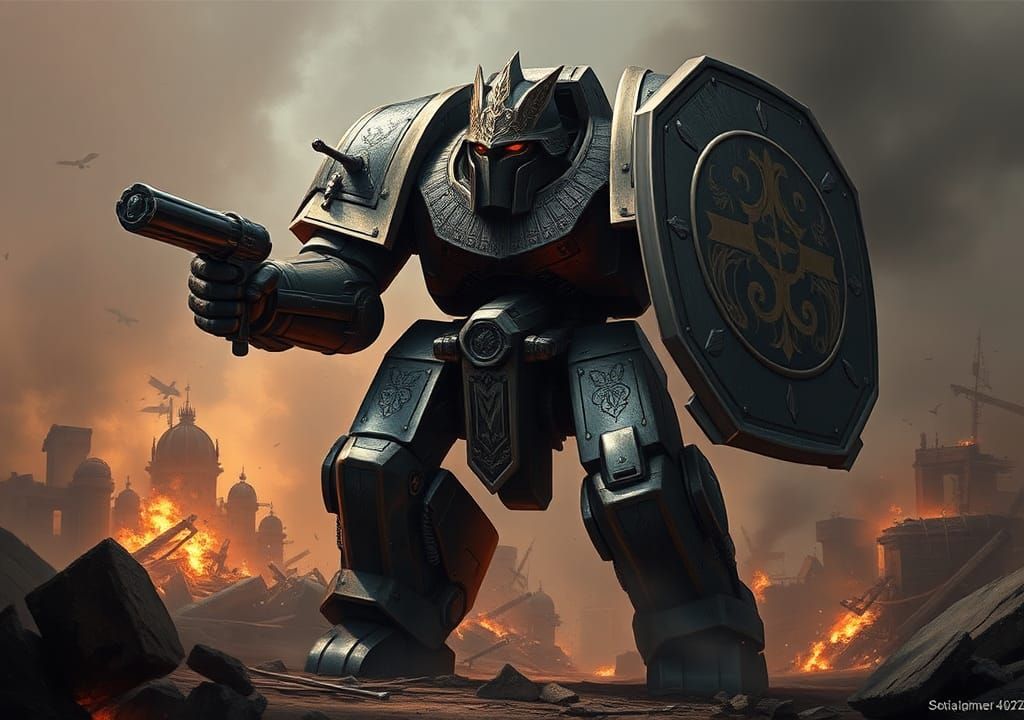 Imperial Knight Mecha in Grimdark Battle, Digital Painting