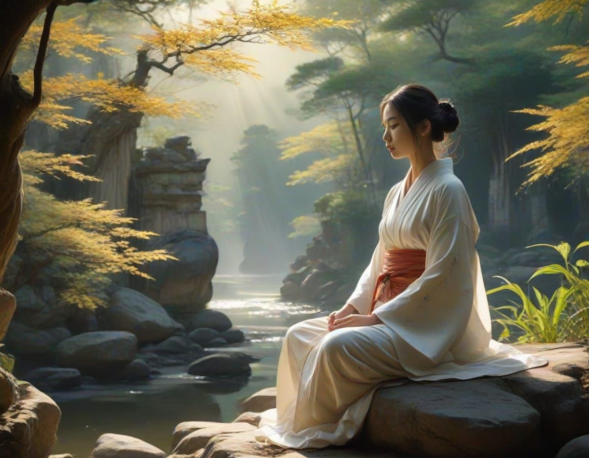 Woman Meditating in Ethereal Ruins
