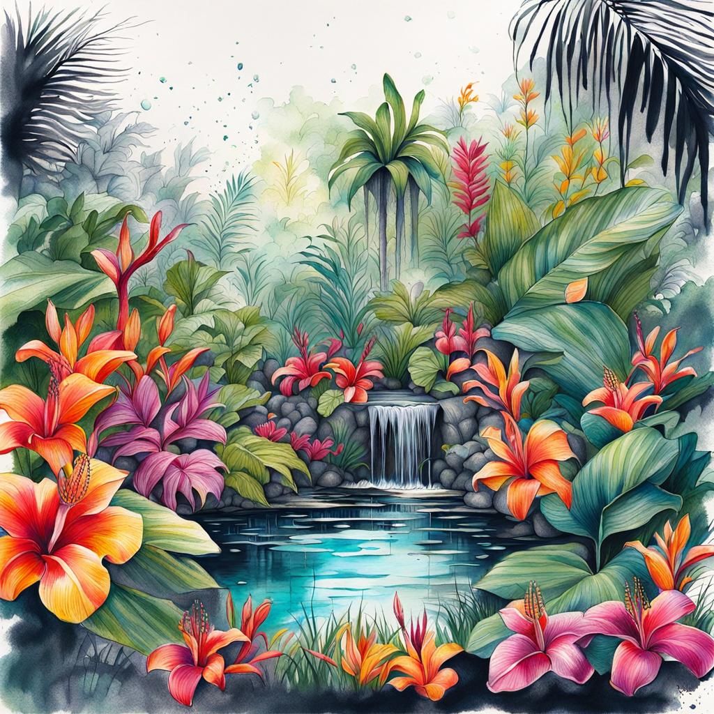 Tropical Garden Ink Drawing with Exotic Flowers