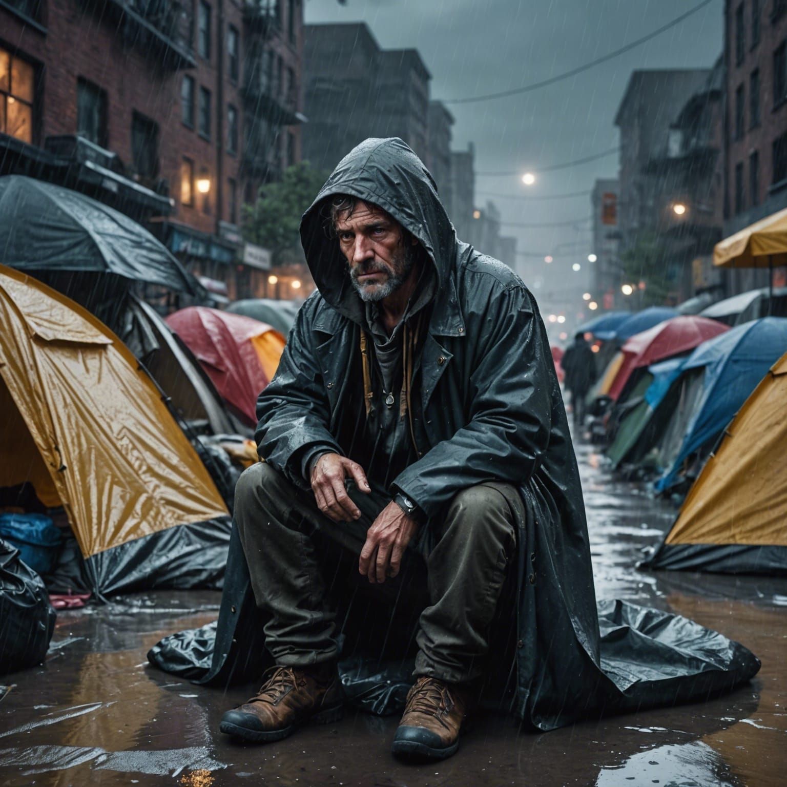 Despondent Homeless Man in Cyberpunk Tent City