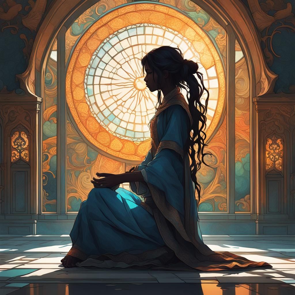 Silhouette Praying to Sun God: Hyperdetailed Artstation Port...