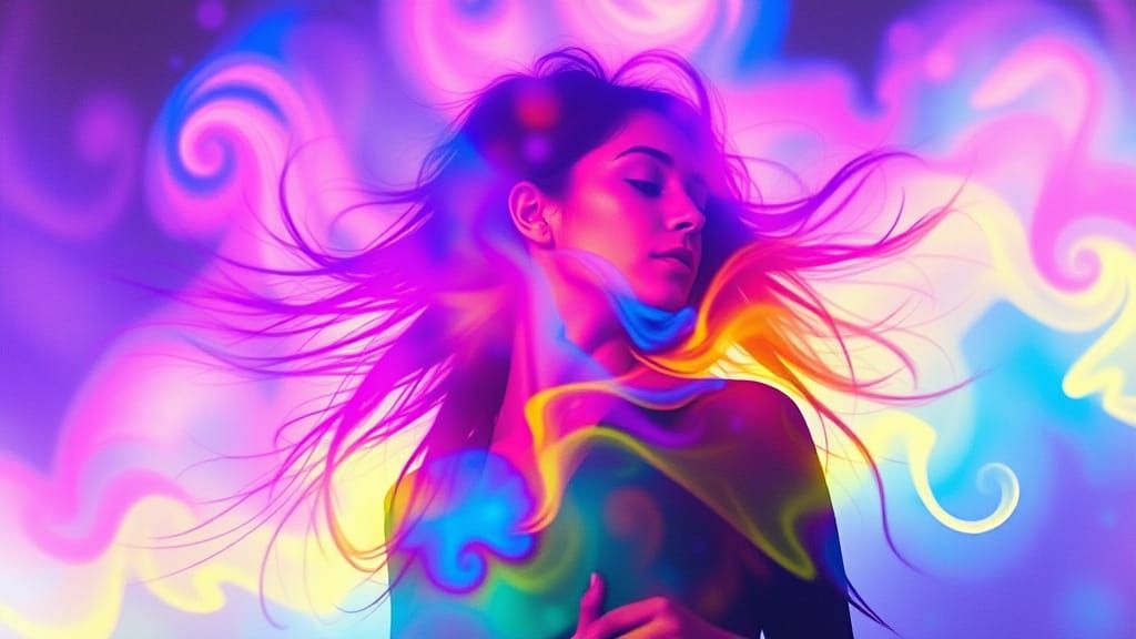 Psychedelic 1960s Woman Dissolves into Vibrant Color Clouds