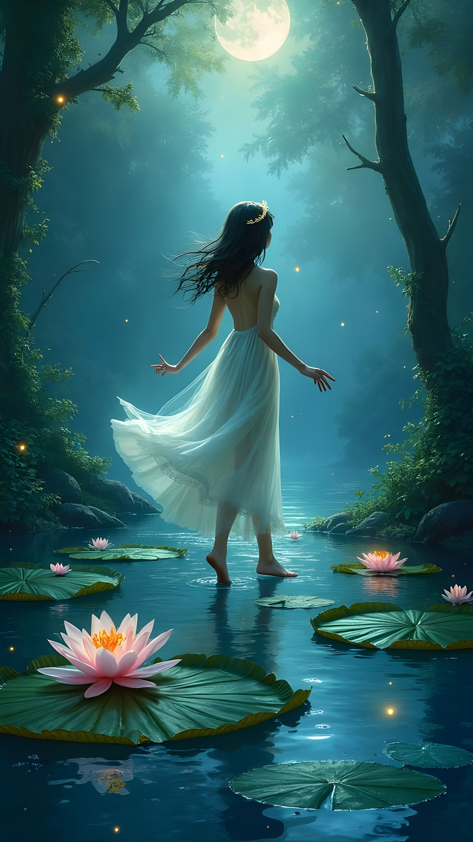 Ethereal Forest Spirit Dancing on Lily Pad