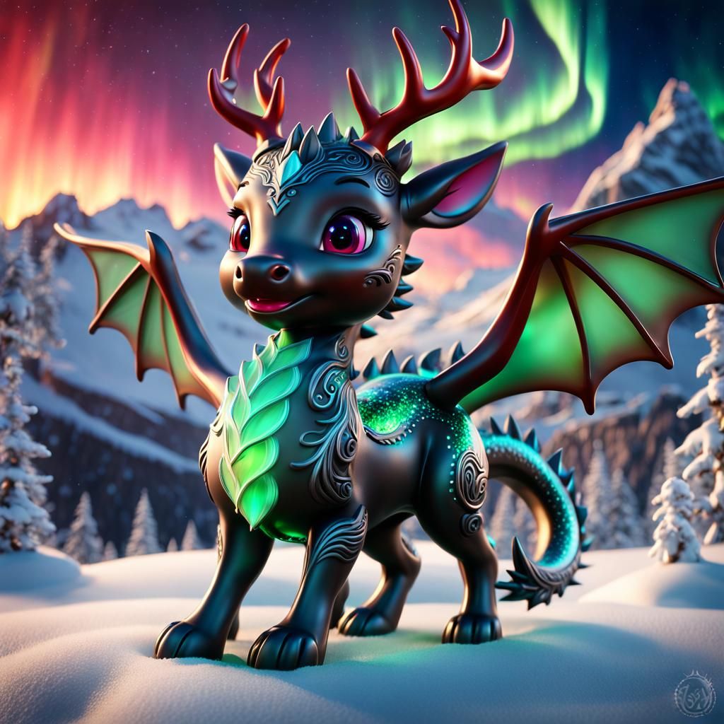 The beautiful final render of an adorable chibi winged Reindeer dragon, two_wings_only, perfect limbs, masterful dragon,...