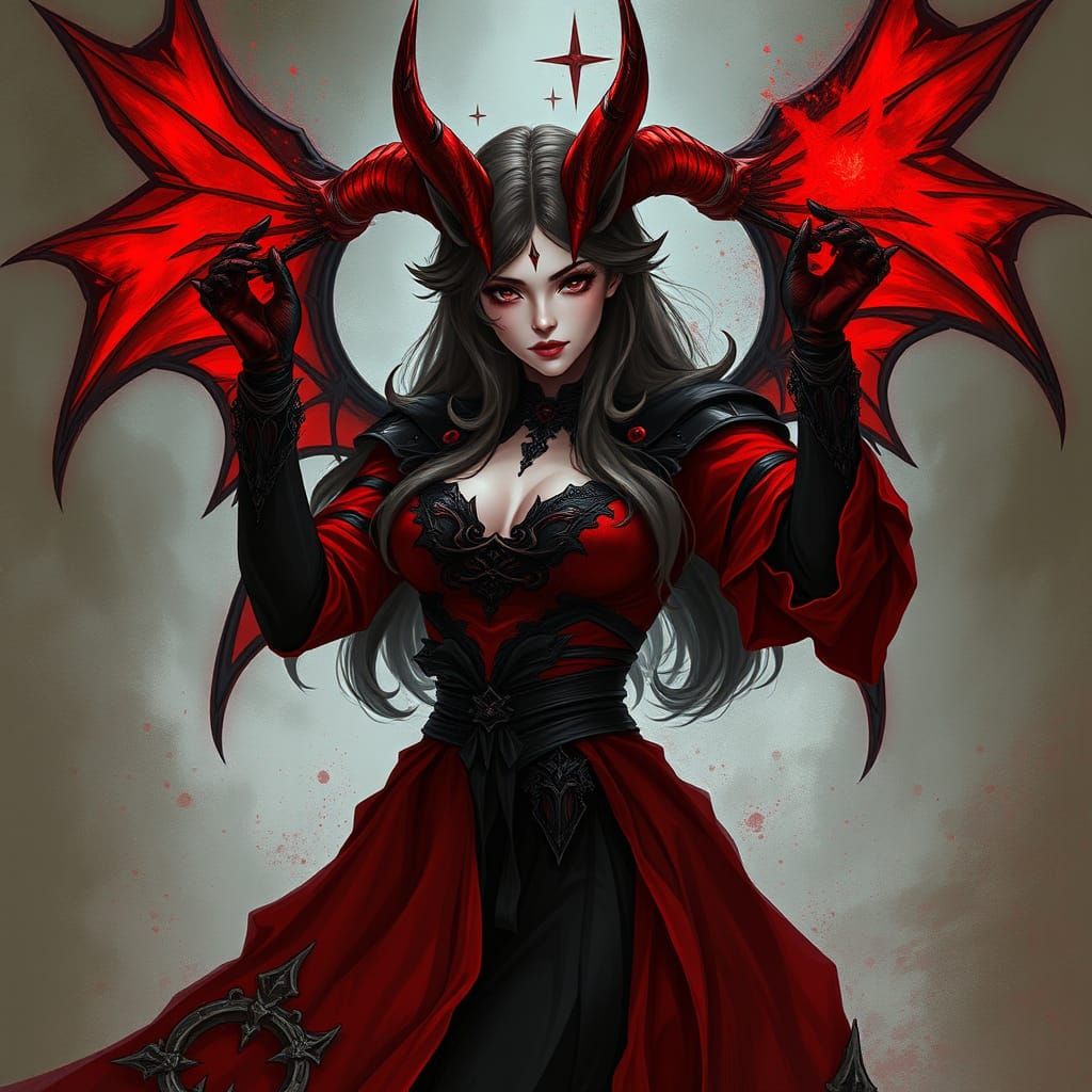 Dark Fantasy Sorceress in Elegant Red and Black Attire