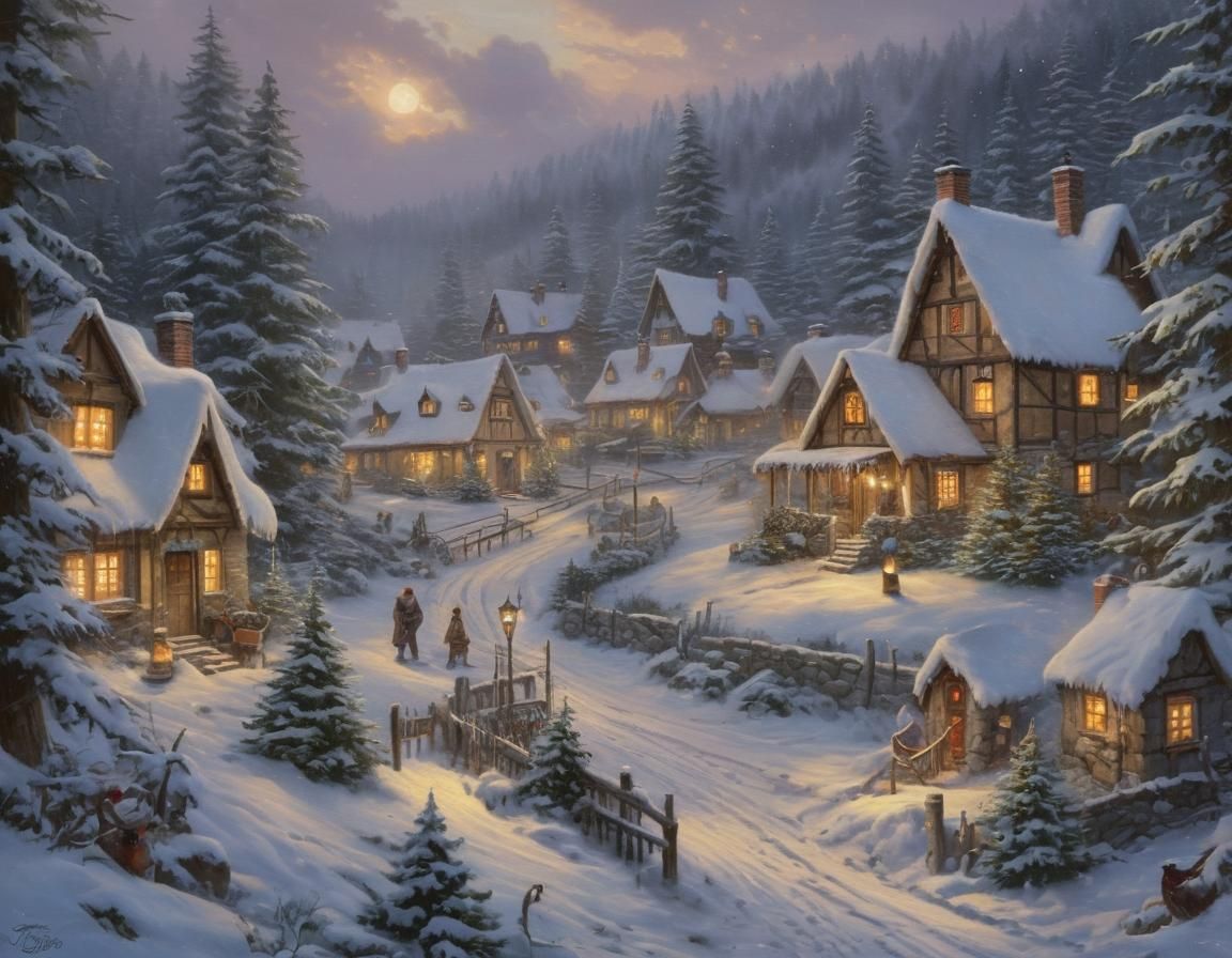 Winter Wonderland Village in Snowy Forest Landscape