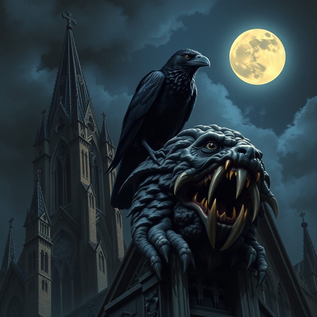 Gothic Raven on Gargoyle in Dark Fantasy Style