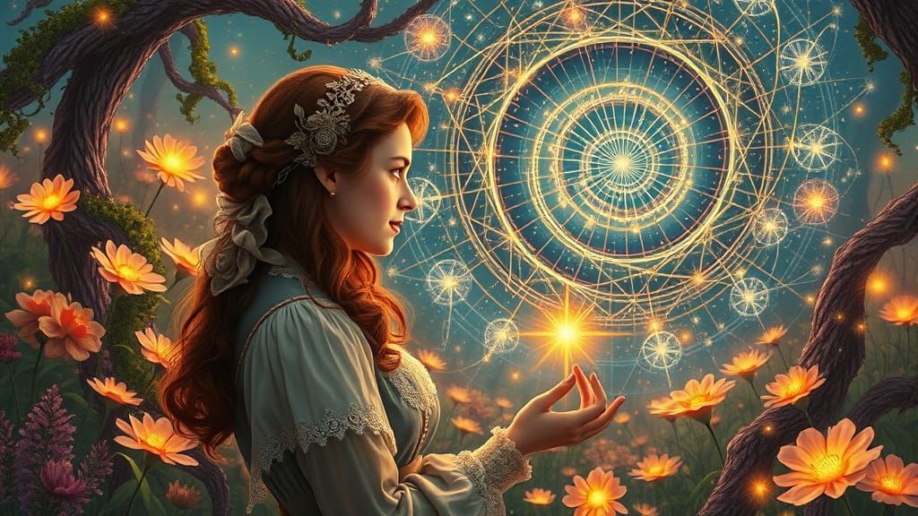 Victorian Woman in Surreal Cosmic Garden