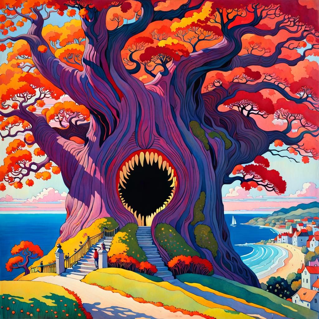 Creepy Tree with Crimson Leaves in Watercolor Style