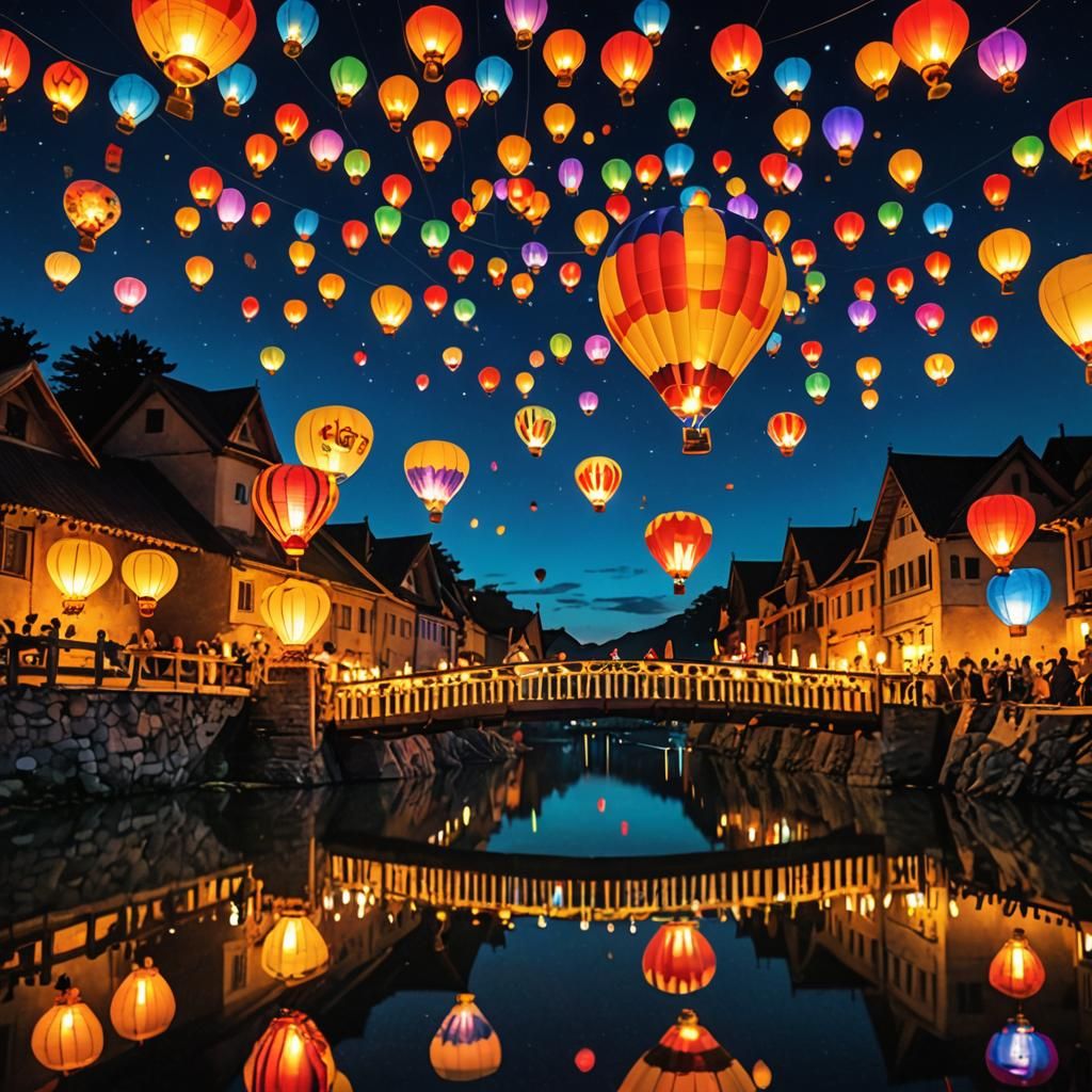 Hot Air Balloon Over Festive Village at Night