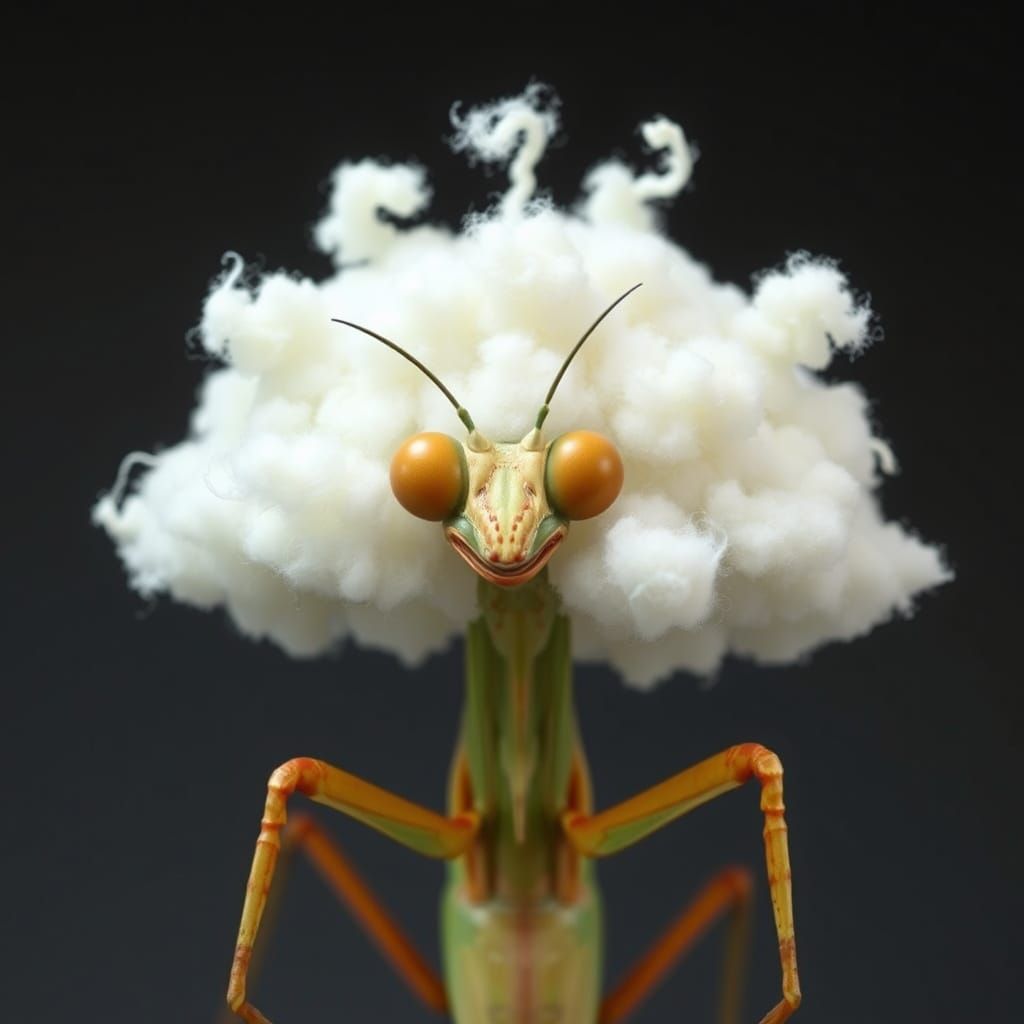 Mantis Wears Cloud Hat in Whimsical Art