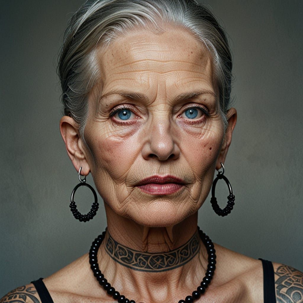 Ethereal Portrait of an Elderly Woman with Intricate Tattoos