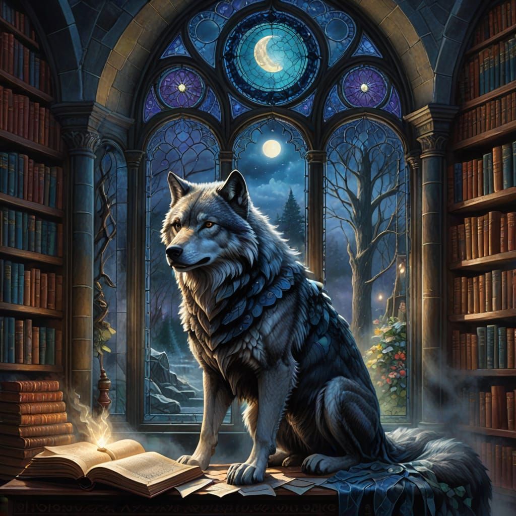 Majestic Wolf Guards Ancient Library in Ethereal Fantasy Sty...