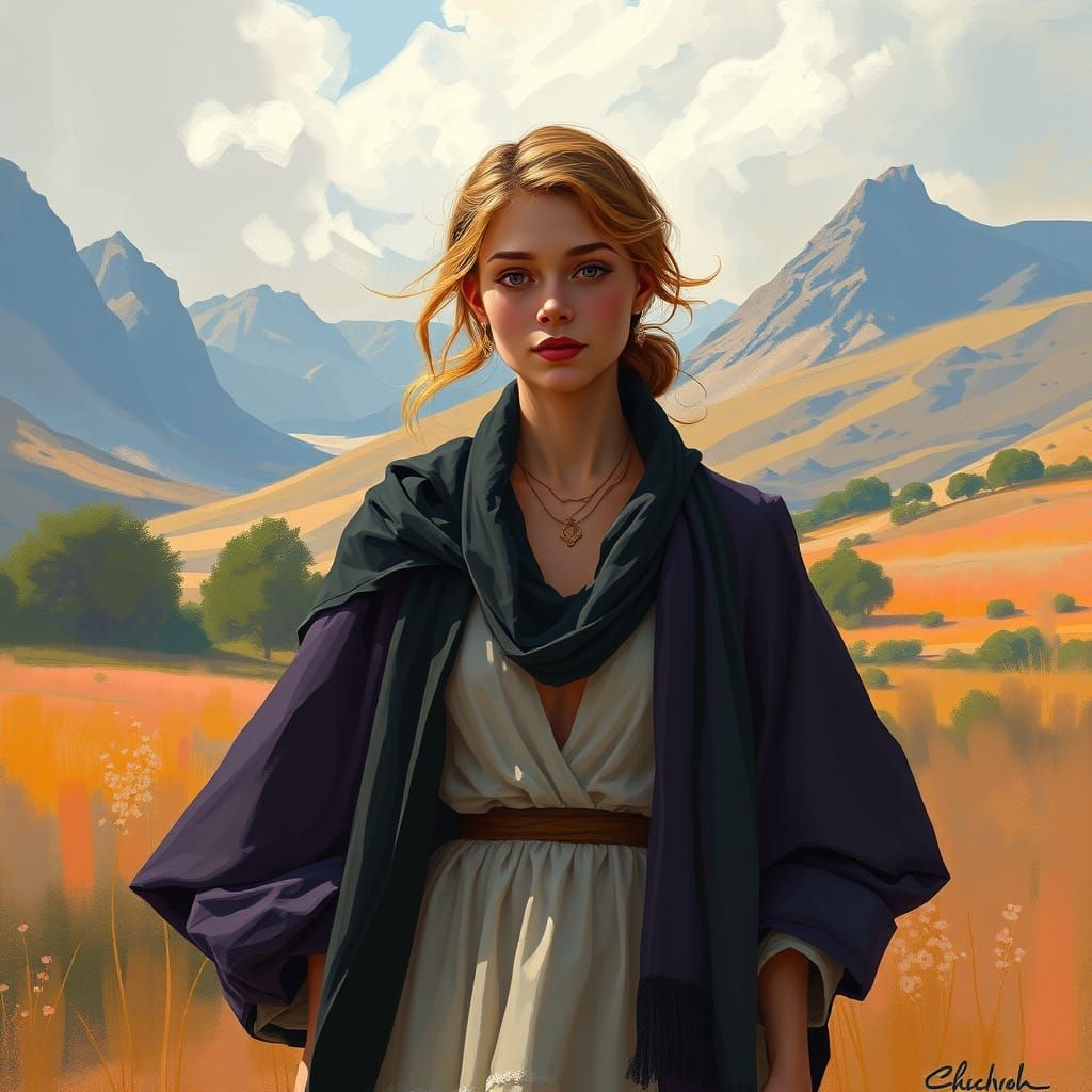 Elegant Woman in Serene Landscape Digital Painting