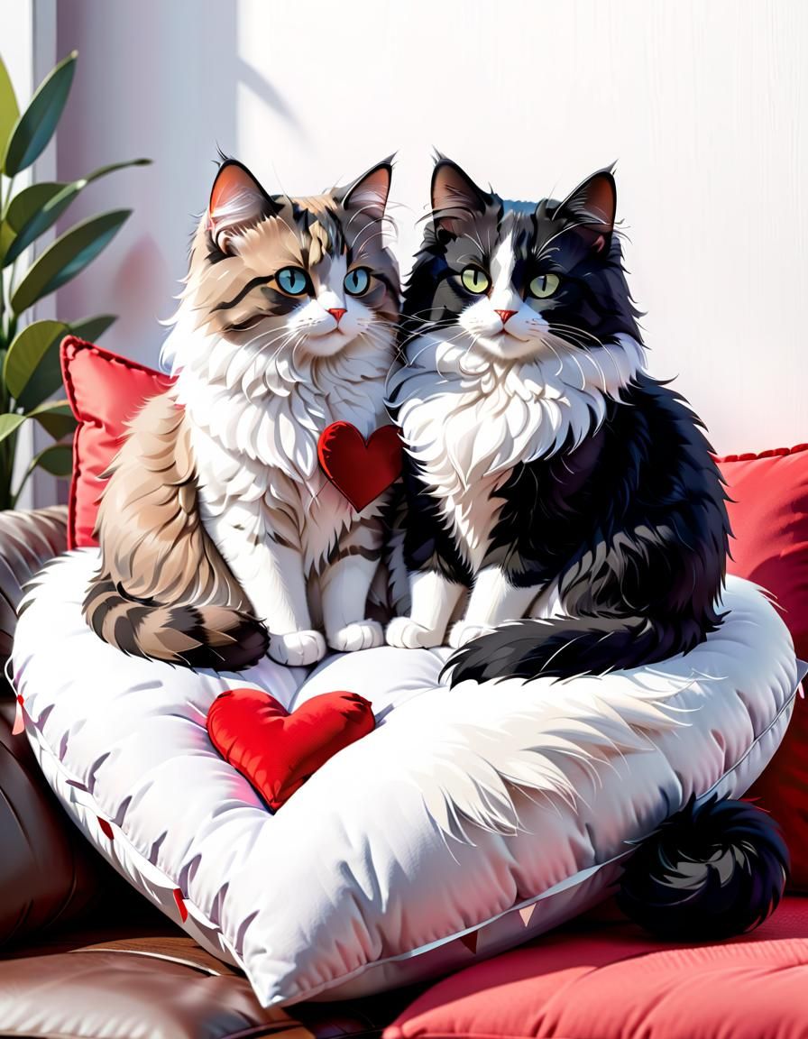 Cute Cats on Heart Cushion: Valentine's Card Art