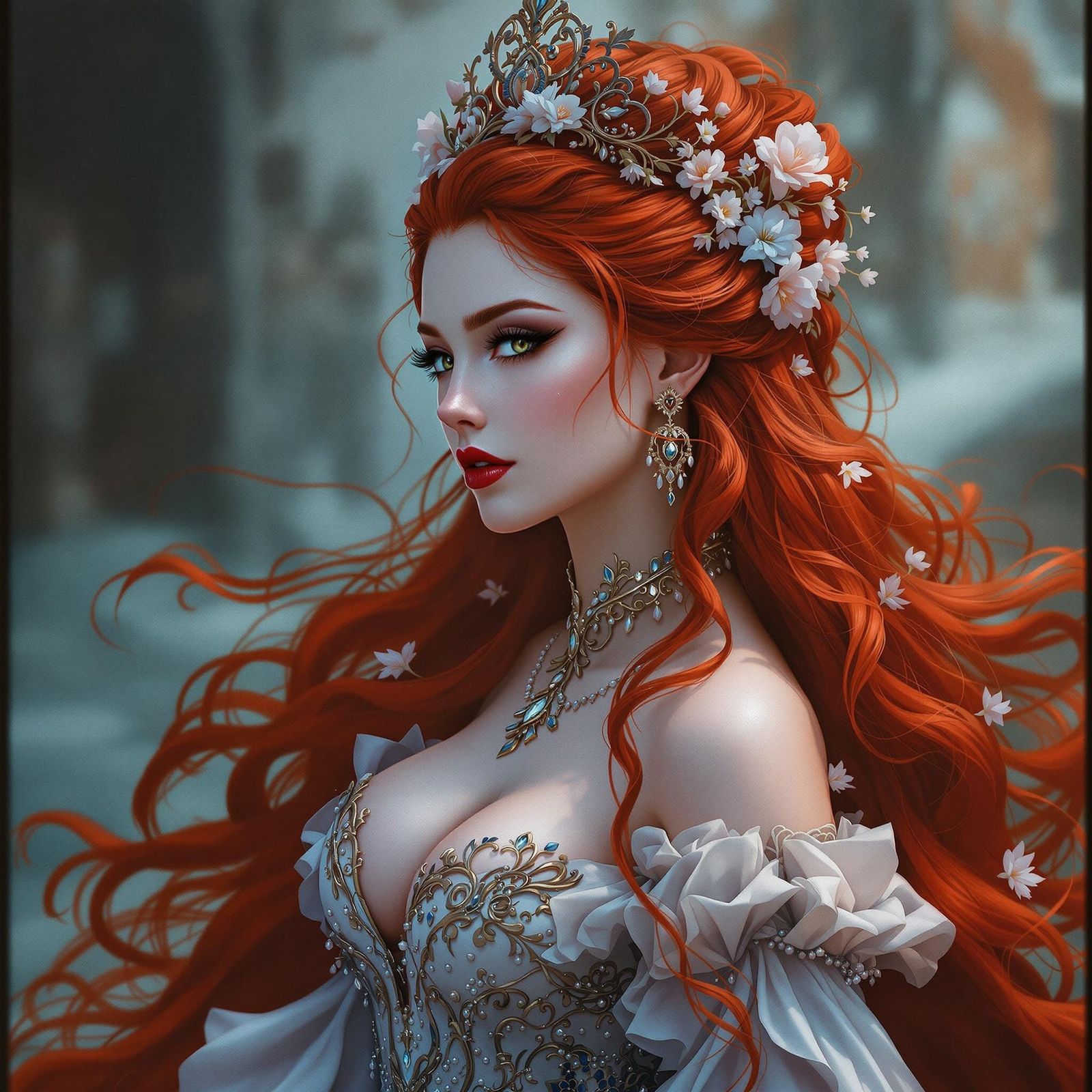 Regal Red-Haired Queen Portrait with Flowers