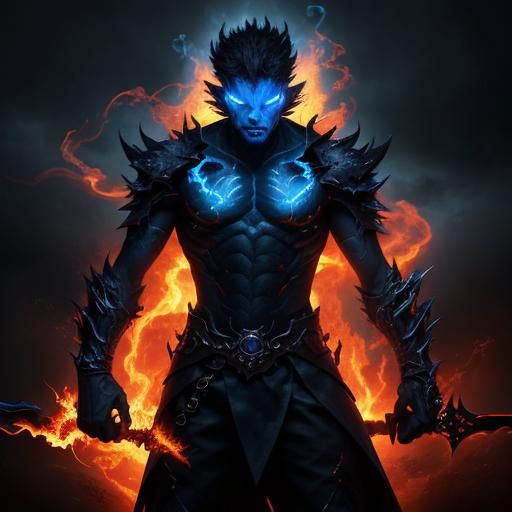 Teenage Boy Engulfed in Blue Flames: Hyperrealistic Demon