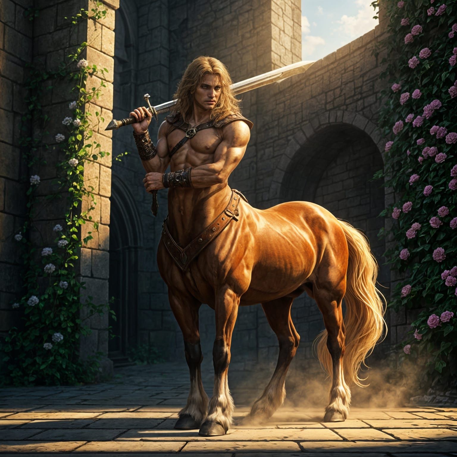 Young Centaur with Broadsword in Castle Courtyard