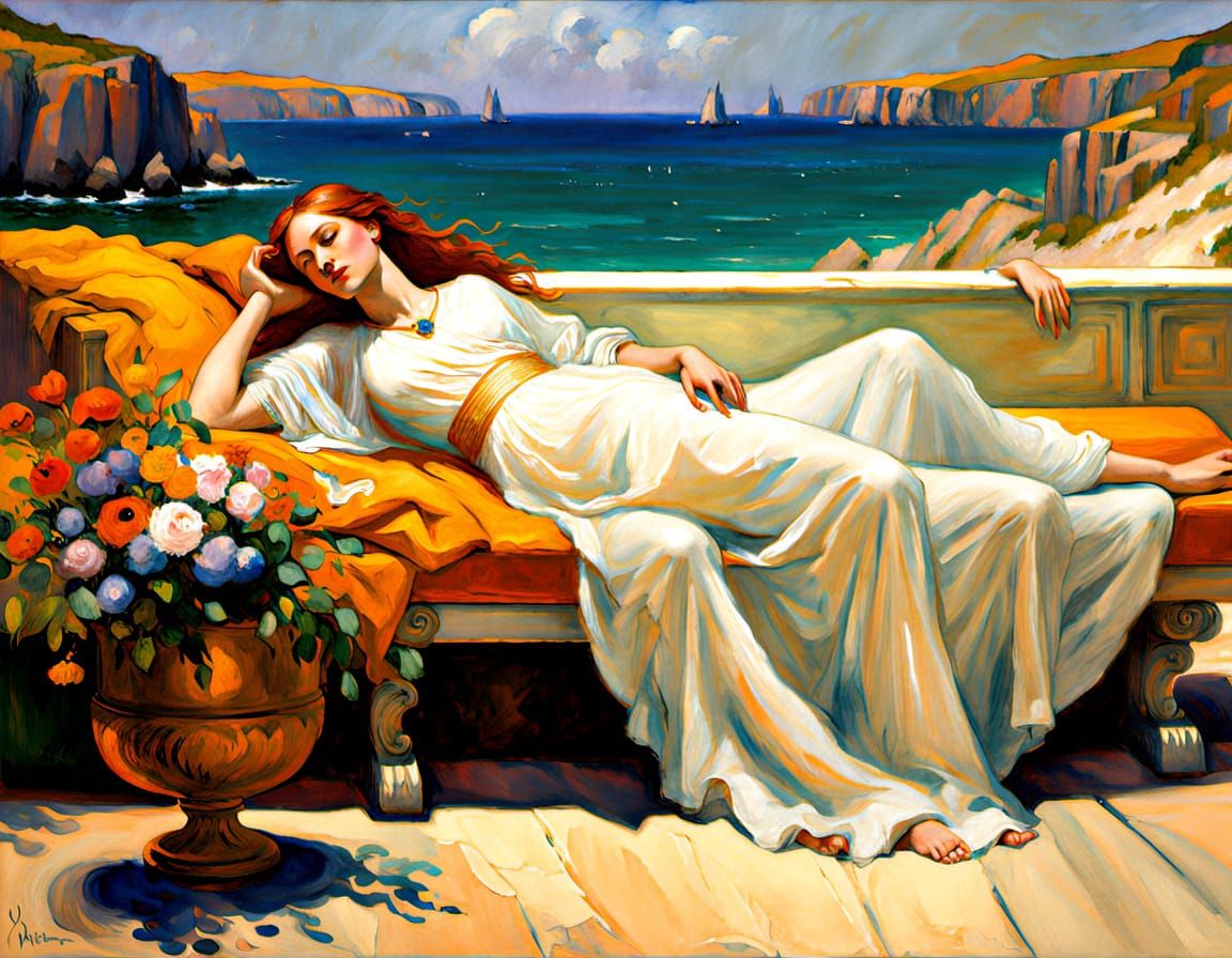 Goddess of Love Basks with Gentle Canine Companion in Sunlit...