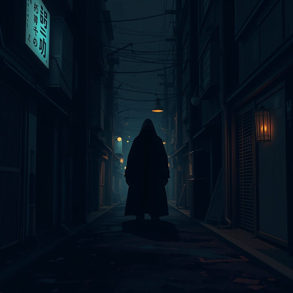 Haunting Tokyo Alleyway Scene in Flat Manga Style