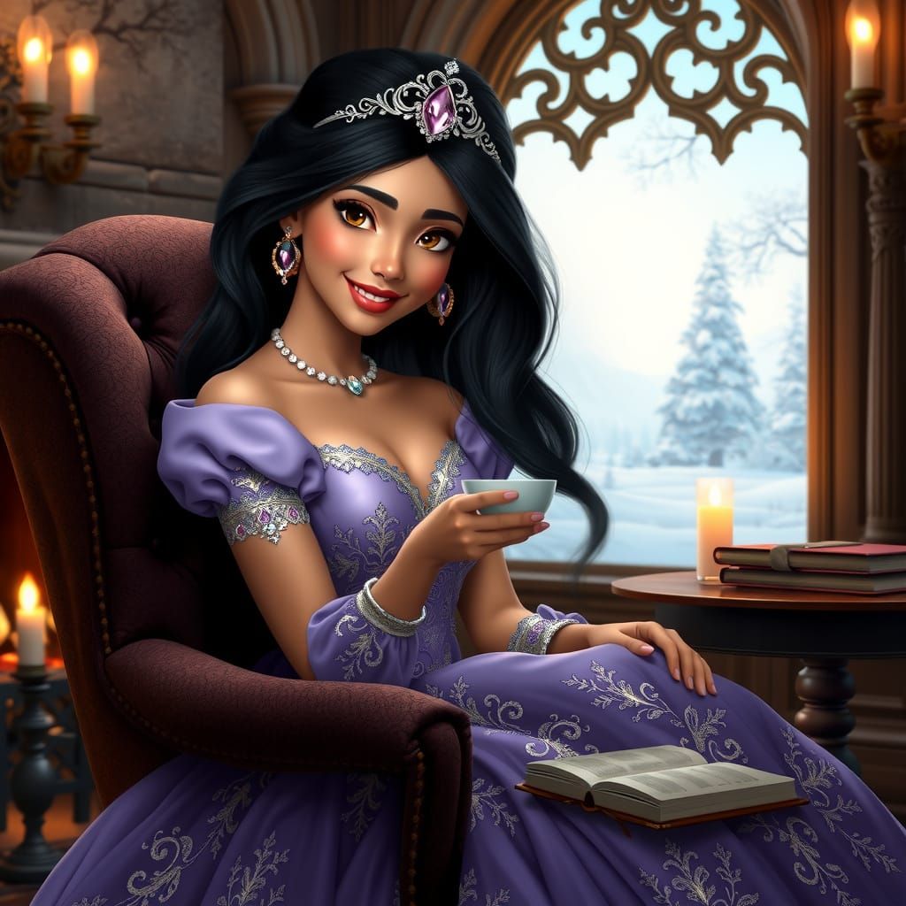 Ethereal Princess in Lavender Ball Gown by the Fireplace