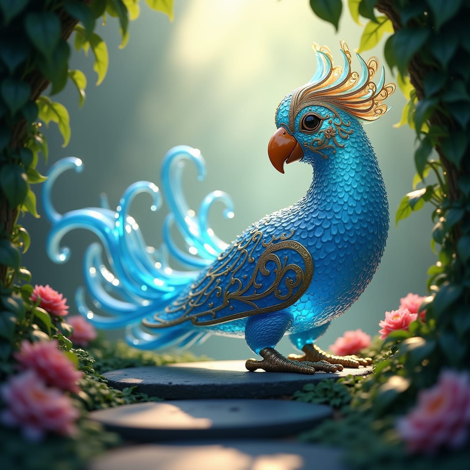 Enchanted Glass Parrot in Whimsical 3D Style