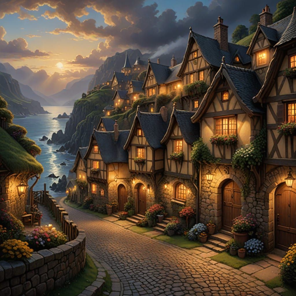 Ethereal Medieval Coastal Village Under Golden Stormy Skies