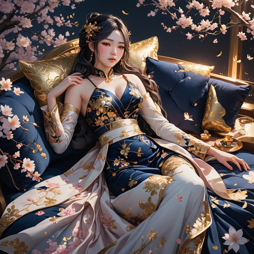 Sensual Woman in Ethereal Cherry Blossom Anime Art