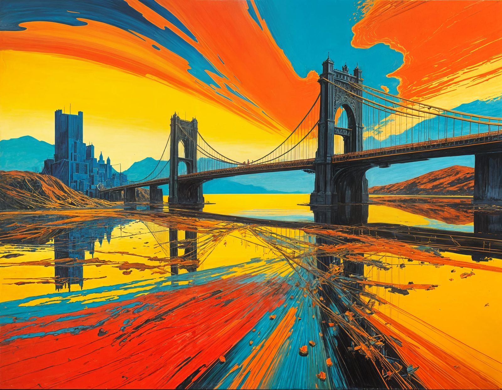 Vibrant Surrealist Cityscape in Dreamlike Acrylic Colors