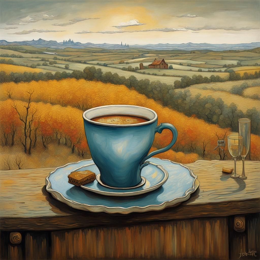Surreal Coffee Landscape in Van Gogh Acrylic Style