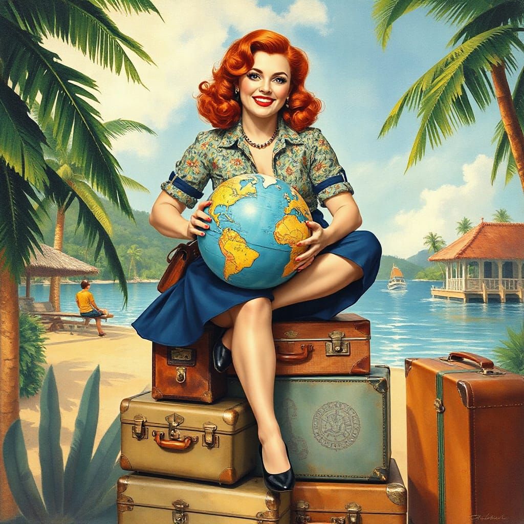 Redhead Traveler in Gouache-Style Paradise