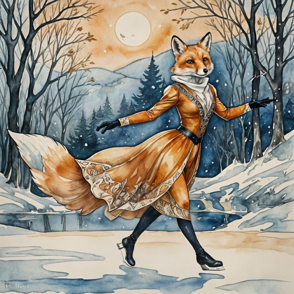 Elegant Fox Figure Skater in Art Nouveau Style