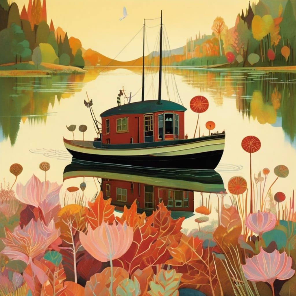 Charming Autumn River Landscape in Pastel Colors