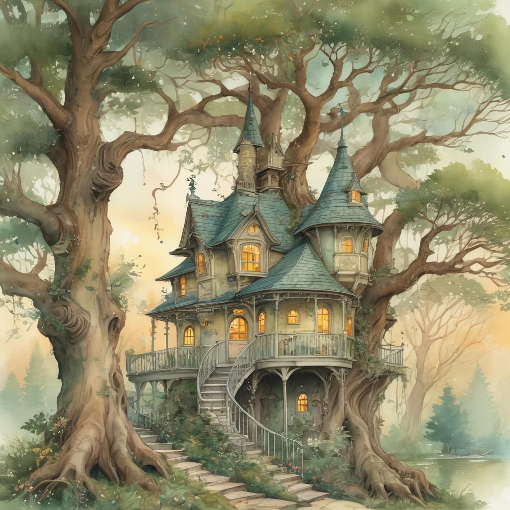 A house built around a tree in the style of Arthur Rackham and Anton Pieck