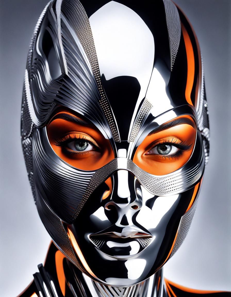 Futuristic Portrait in Silver and Orange Hues