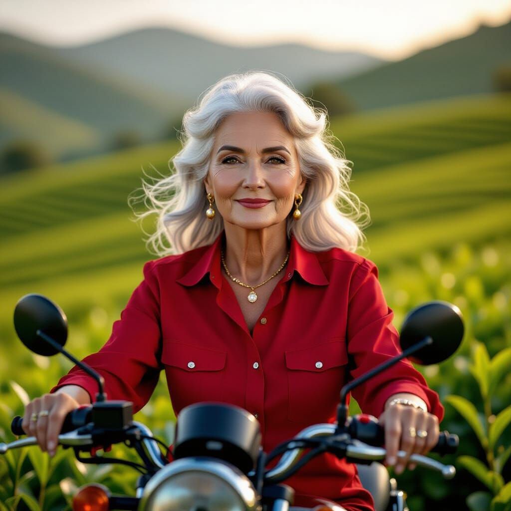 Elderly Woman's Motorcycle Ride in Hyperrealistic Style
