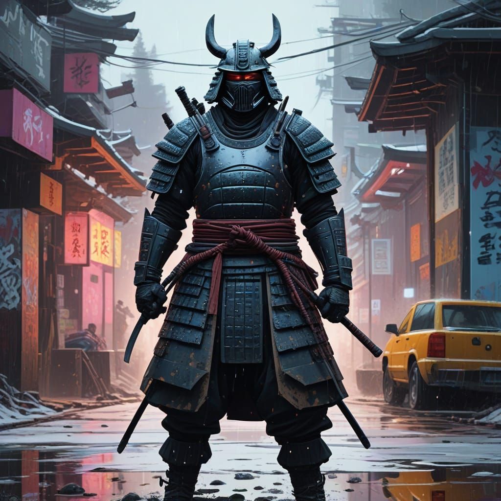 Graffiti Samurai in Dynamic, High-Contrast Pose