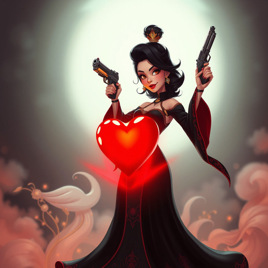 Stylized Woman Points Gun at Heart in Matte Painting