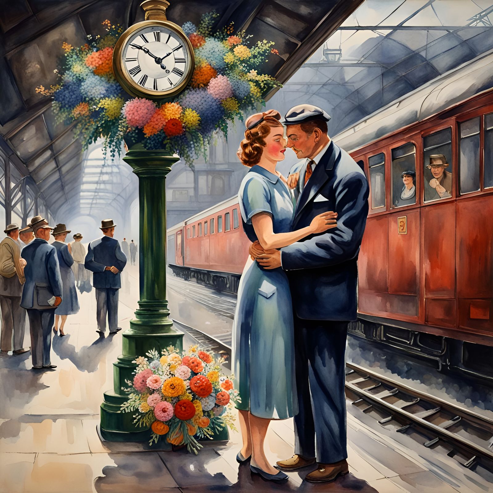Man Hugs Wife with Flowers on Train Platform