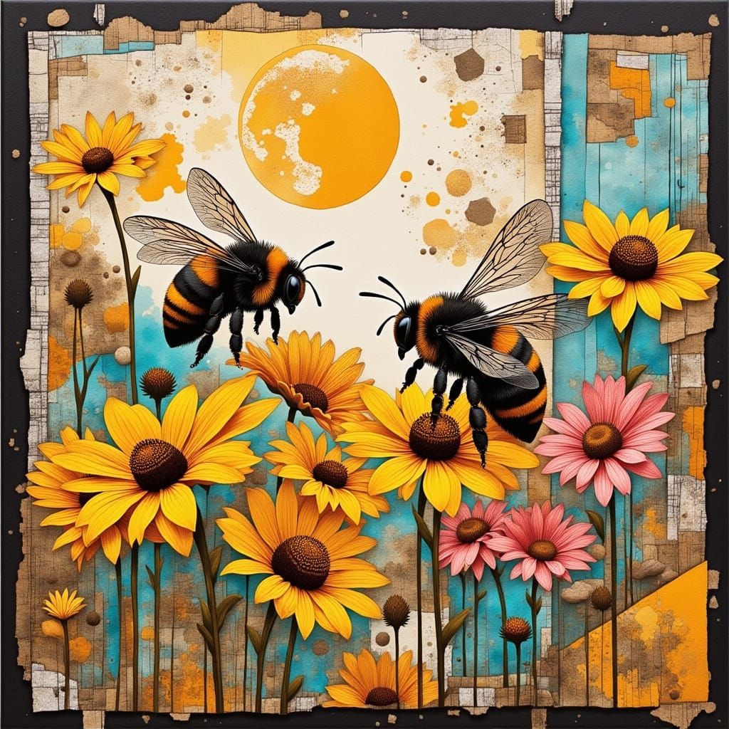 Bees in a Vibrant Mixed Media Collage