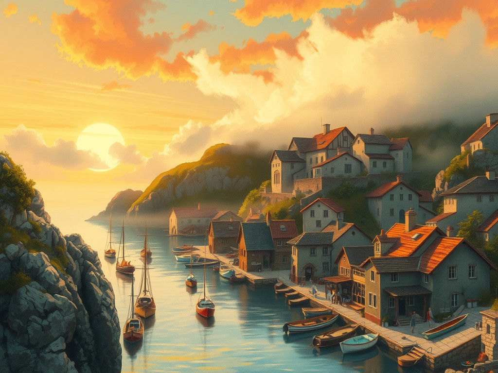 Coastal Fishing Village at Sunset in Watercolor Style